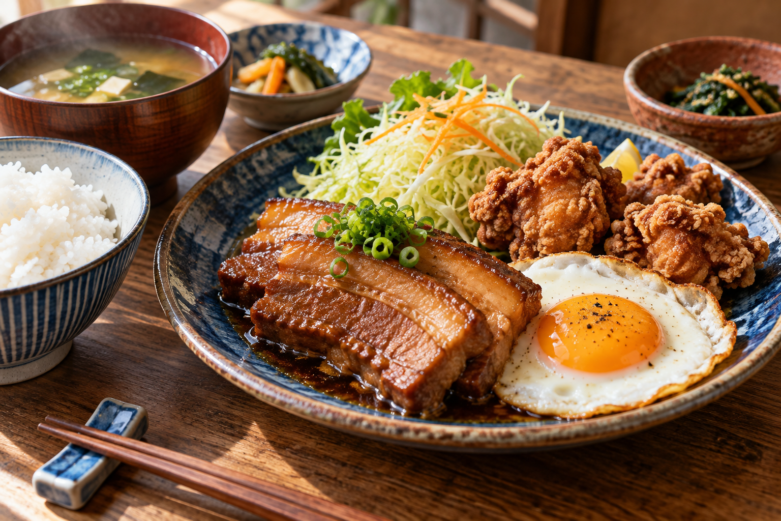 厚切りチャーシューエッグと鶏からの定食イメージ